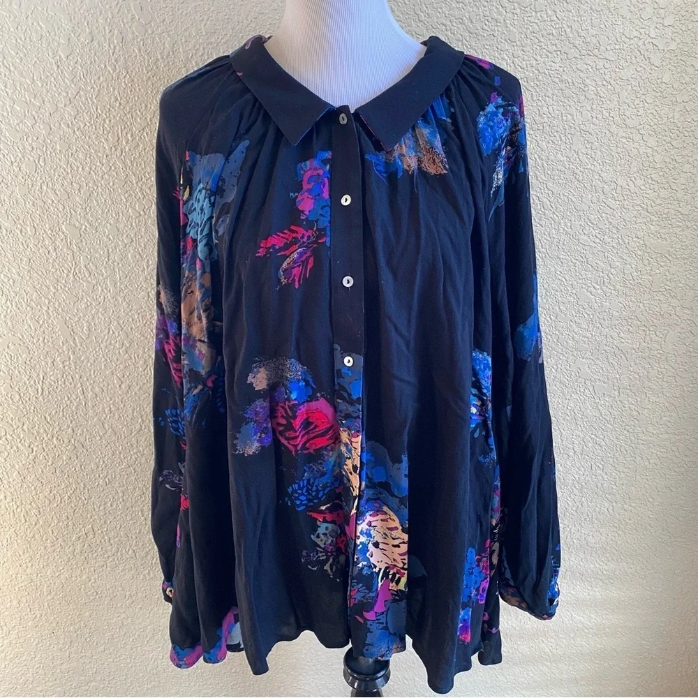 Free People Meadow Lark Floral Blouse Tunic Button Down Shirt Long Sleeve: Sm